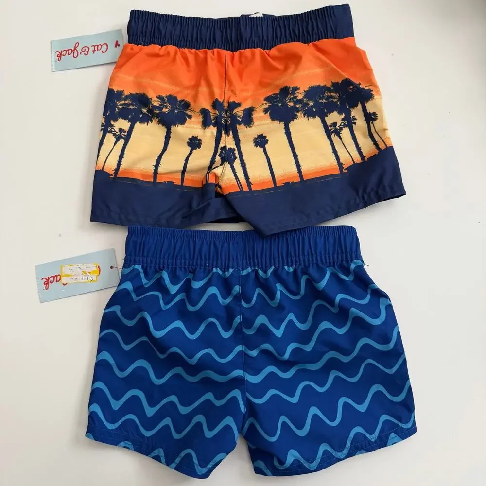 2x Cat & Jack swim trunks board shorts with liner blue wave orange sunset print
